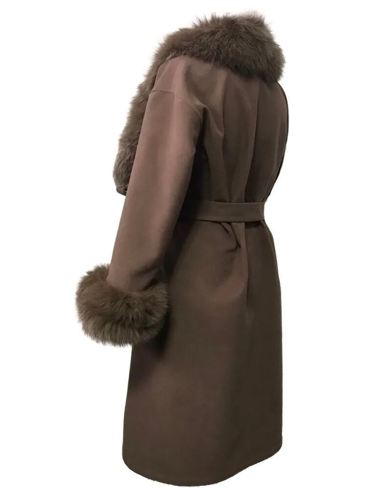 Camel Wrap Elegant Women coat, Long Belted Feminine Overcoat Trim Fox Fur, Woolen blend Coat Wrap