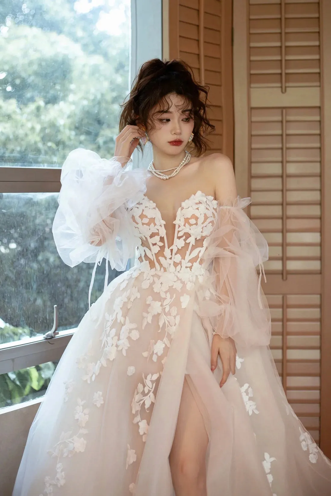 Champagne Tulle Puffy Sleeves Long Party Dress, Beautiful Lace Evening Dress