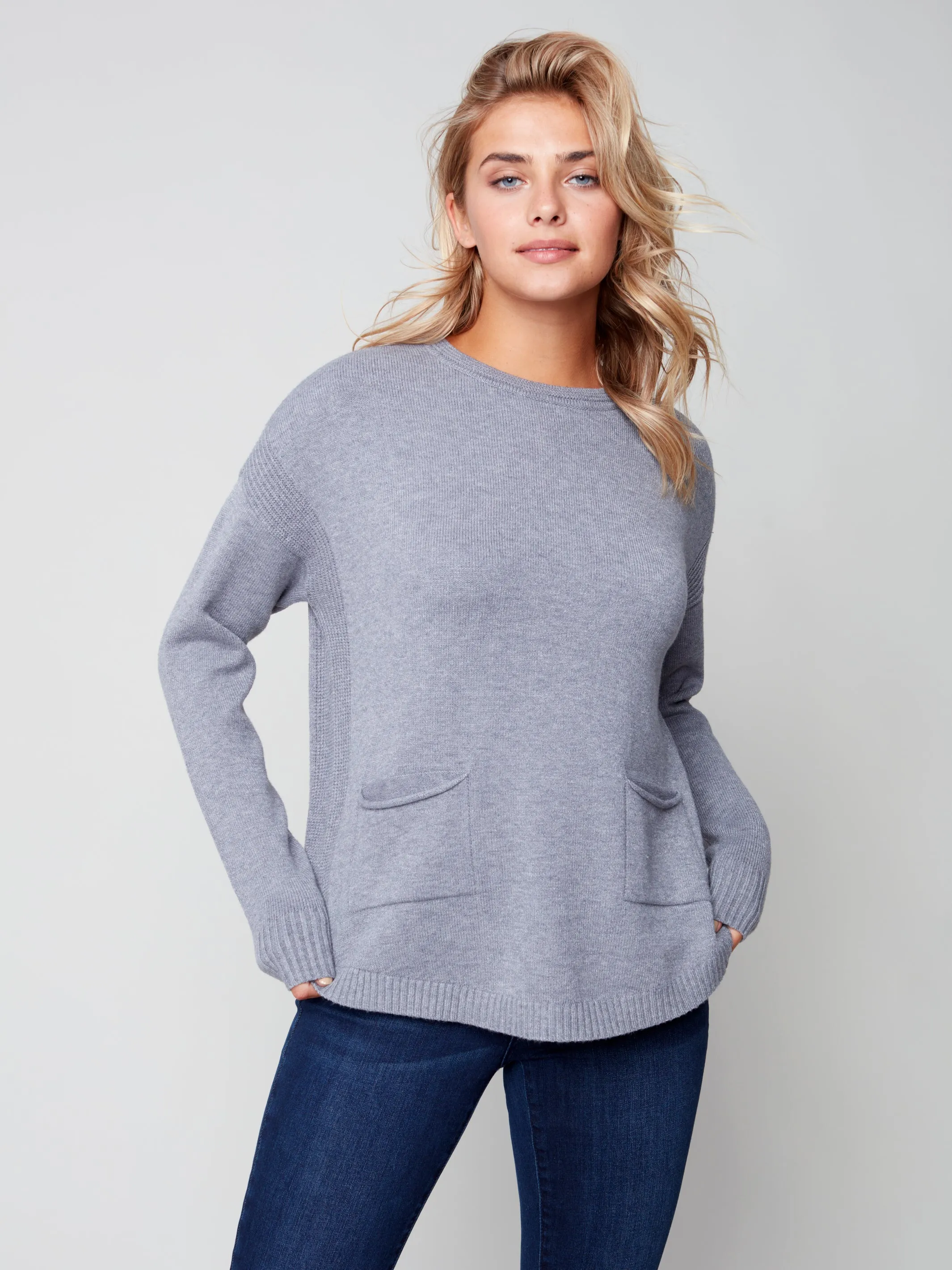 Charlie B Fall/Winter 2022-Scarf Sweater - C2420-H-Grey
