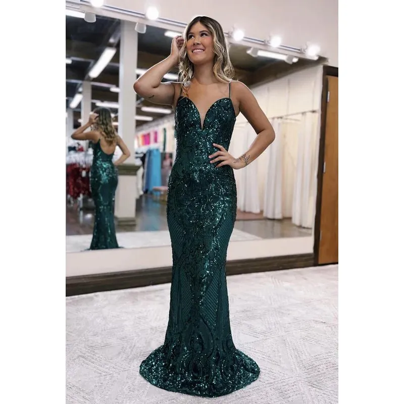 Chic & Modern Spaghetti Straps V-Neck Trumper Sparkly Evening Party Prom Dress