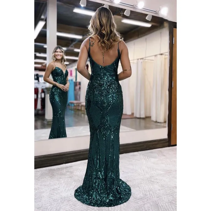 Chic & Modern Spaghetti Straps V-Neck Trumper Sparkly Evening Party Prom Dress