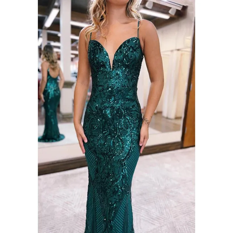 Chic & Modern Spaghetti Straps V-Neck Trumper Sparkly Evening Party Prom Dress