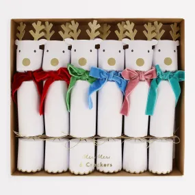 Christmas Reindeer with Velvet Bows Crackers, Set of 6 Meri Meri White Reindeer Crackers, Includes Christmas Reindeer Hat Guessing Game