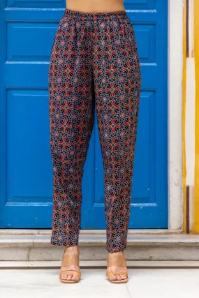 Cotton Ajrakh Printed Pants in Blue with Elastic Waist