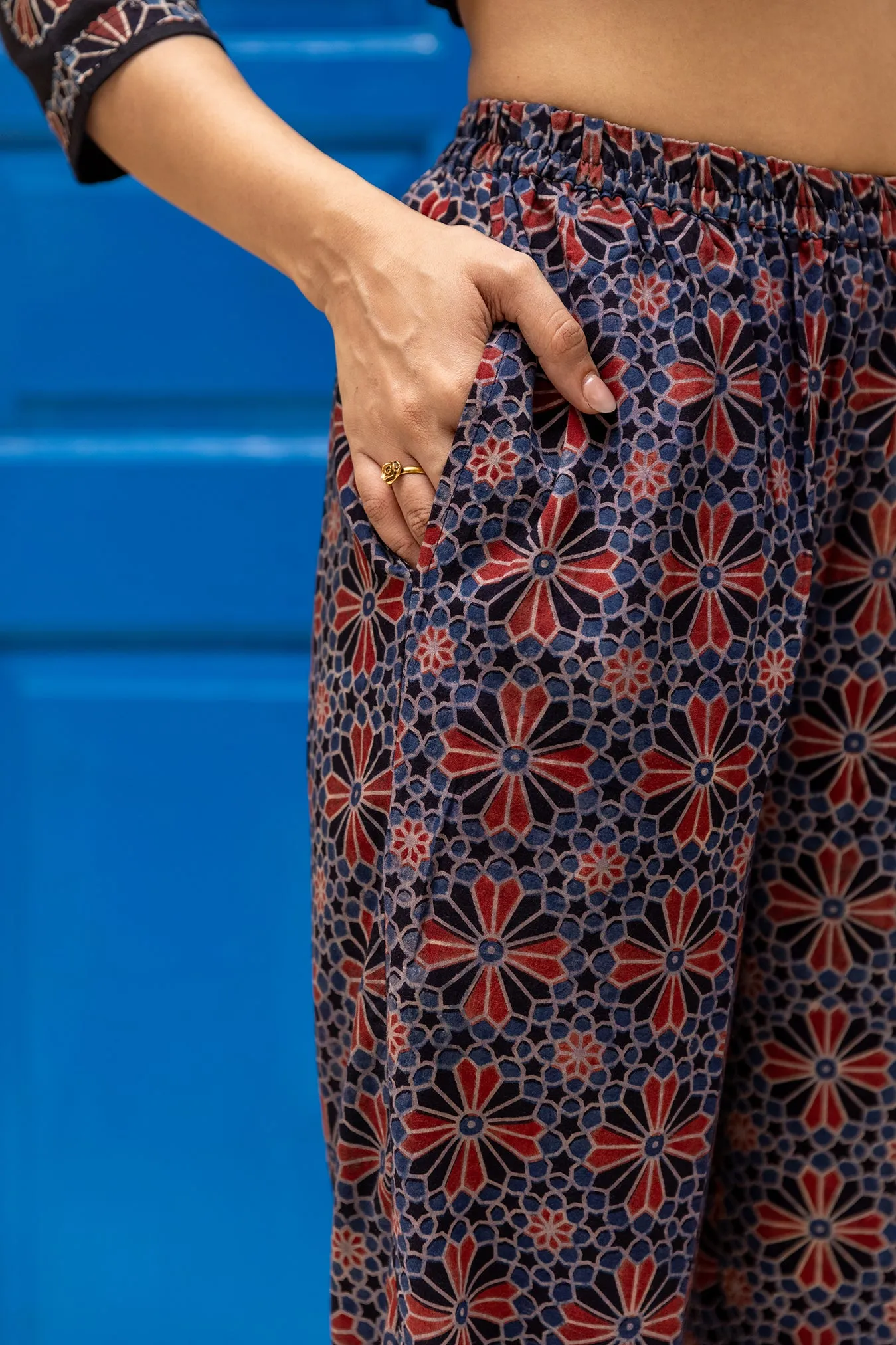 Cotton Ajrakh Printed Pants in Blue with Elastic Waist