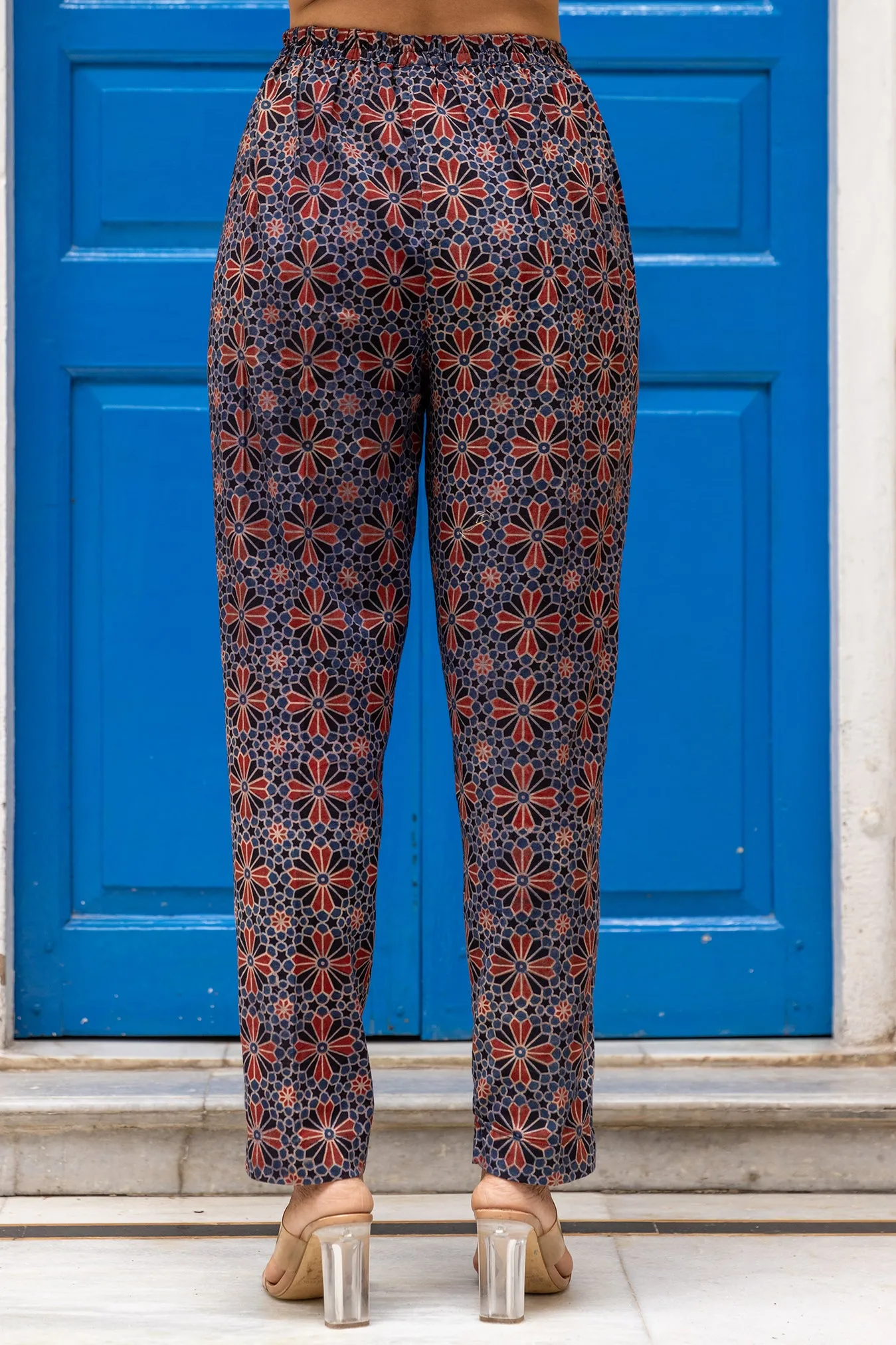 Cotton Ajrakh Printed Pants in Blue with Elastic Waist