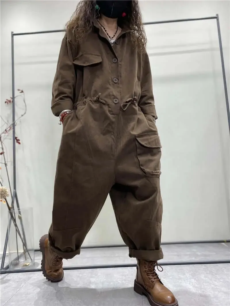 Denim Jumpsuit with Sleeves and Pockets for Women