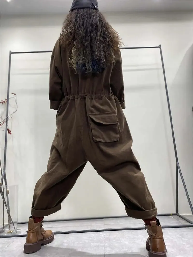 Denim Jumpsuit with Sleeves and Pockets for Women