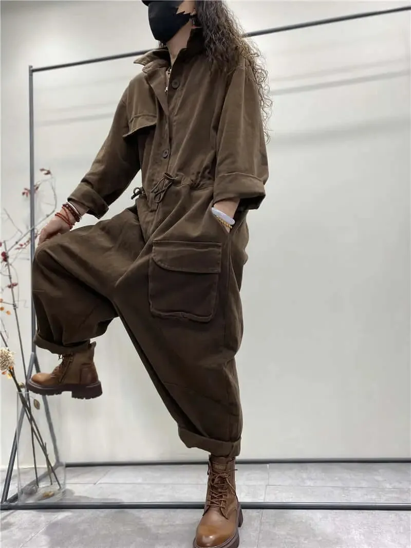 Denim Jumpsuit with Sleeves and Pockets for Women