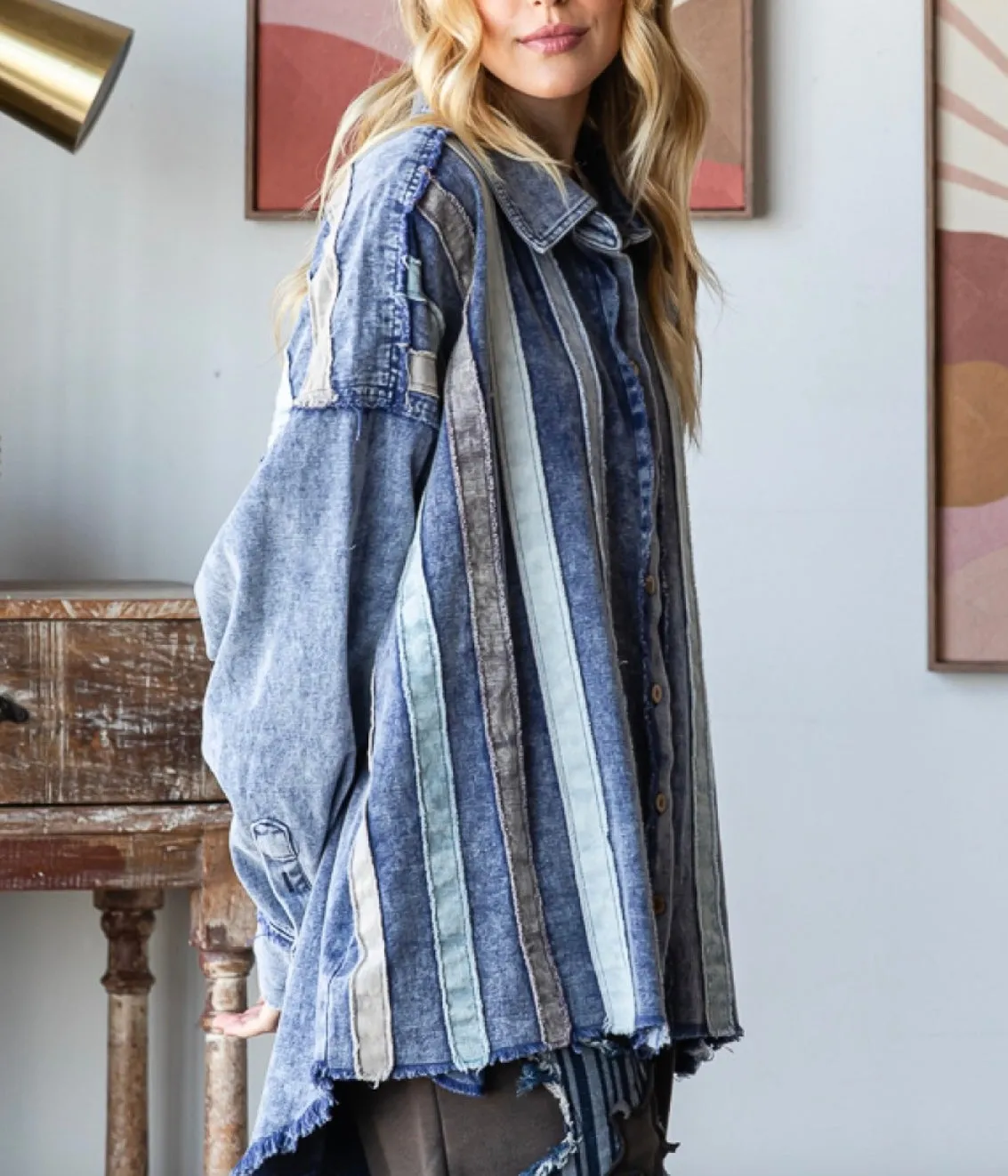 Denim Top Jean Striped Button Denim Shirt / Shacket / Jacket - Oli & Hali
