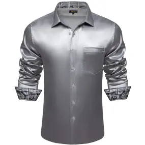 DiBanGu Tuxedo Shirt Dim Gray Solid Satin Silk Button Up Long Sleeve Men's Shirt