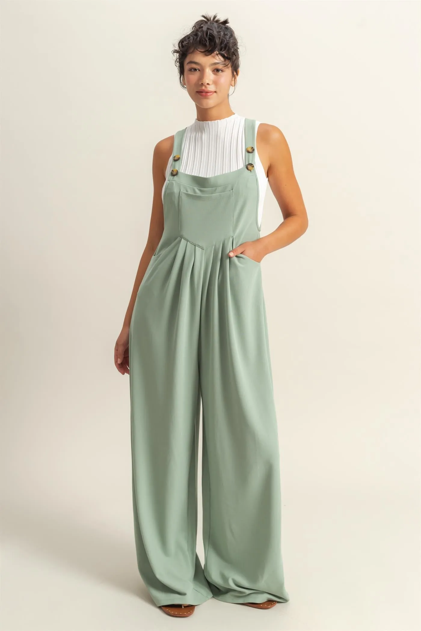 DZ25A693-Waffle Pleated Pocket Detail Jumpsuit