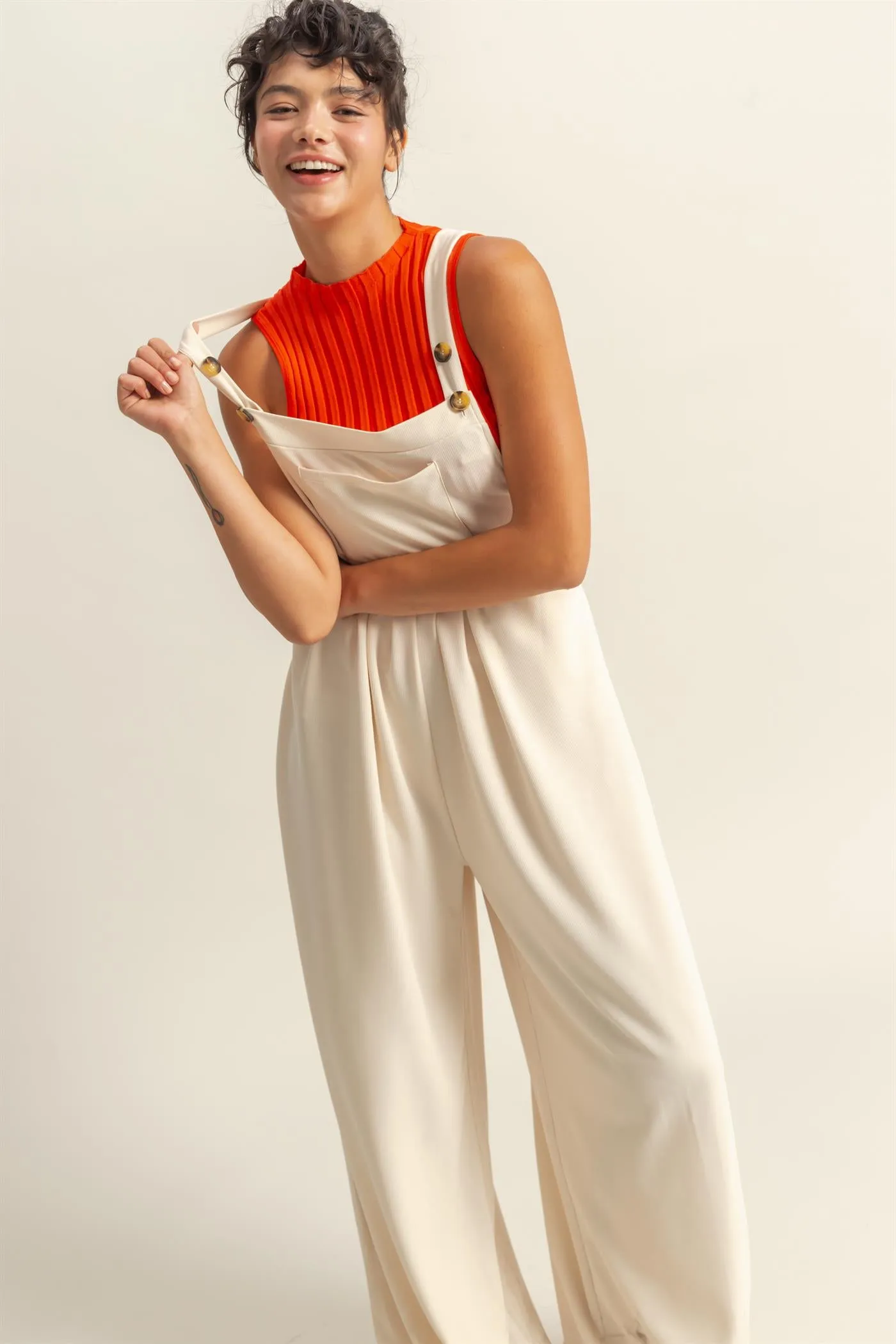 DZ25A693-Waffle Pleated Pocket Detail Jumpsuit