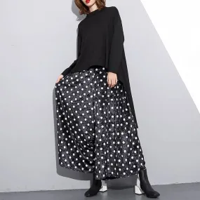 Elegant black dotted plus size clothing elastic waist traveling women wide leg pants cotton trousers
