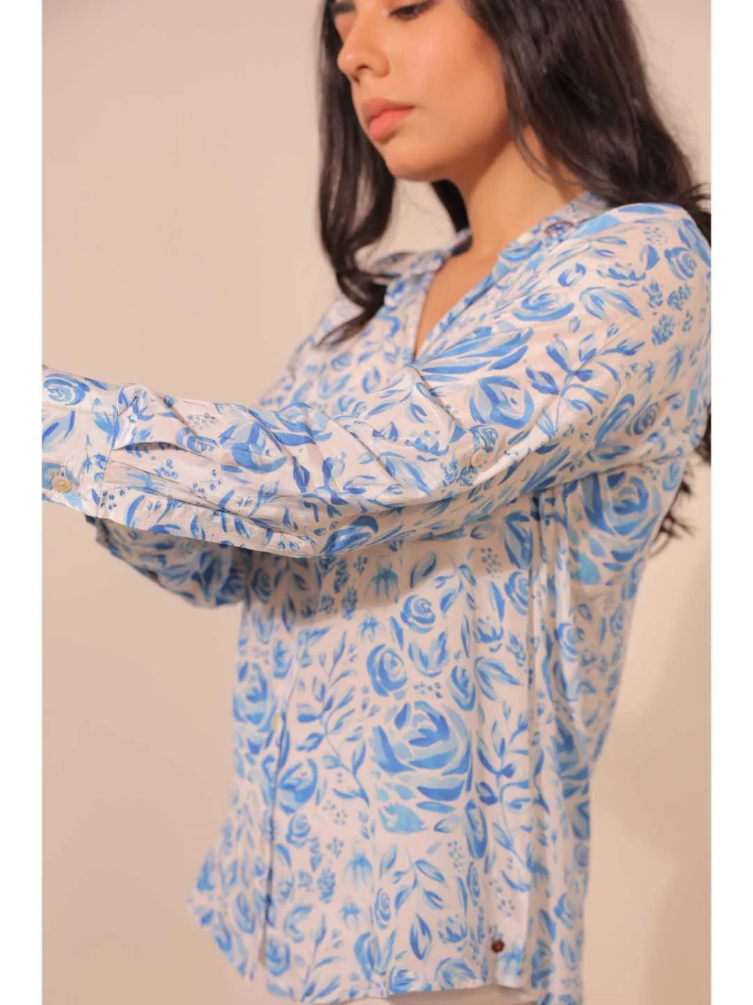 elegant natural crepe abstract floral printed hand embellished shirt collar, convertible roll-up sleeve top -Blue