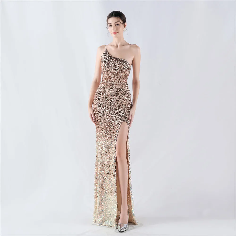 Elegant Velvet Bottom Gradient Sequin One Shoulder Evening Dress