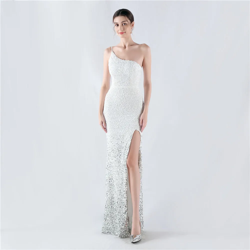 Elegant Velvet Bottom Gradient Sequin One Shoulder Evening Dress
