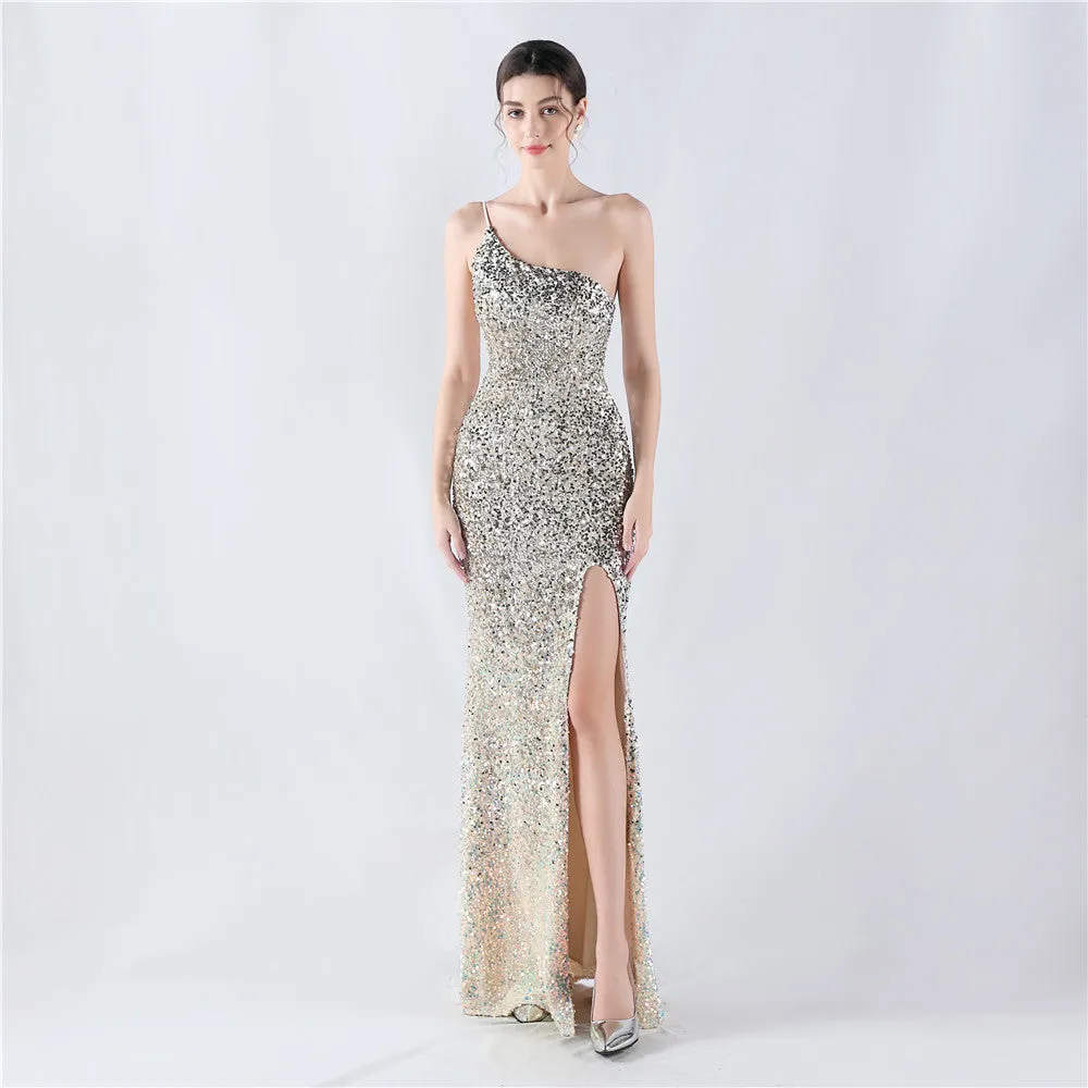Elegant Velvet Bottom Gradient Sequin One Shoulder Evening Dress