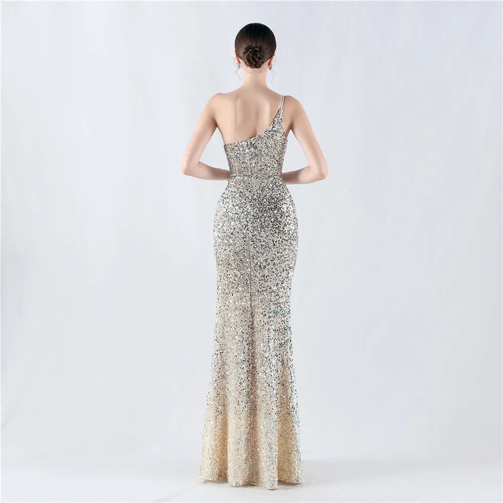 Elegant Velvet Bottom Gradient Sequin One Shoulder Evening Dress