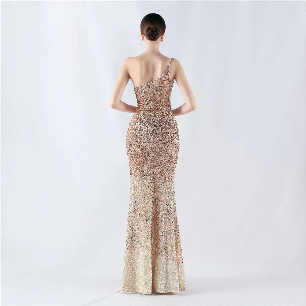 Elegant Velvet Bottom Gradient Sequin One Shoulder Evening Dress