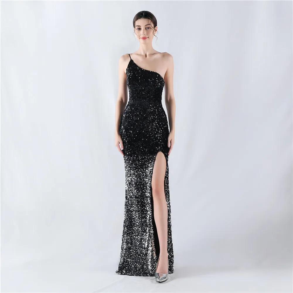 Elegant Velvet Bottom Gradient Sequin One Shoulder Evening Dress
