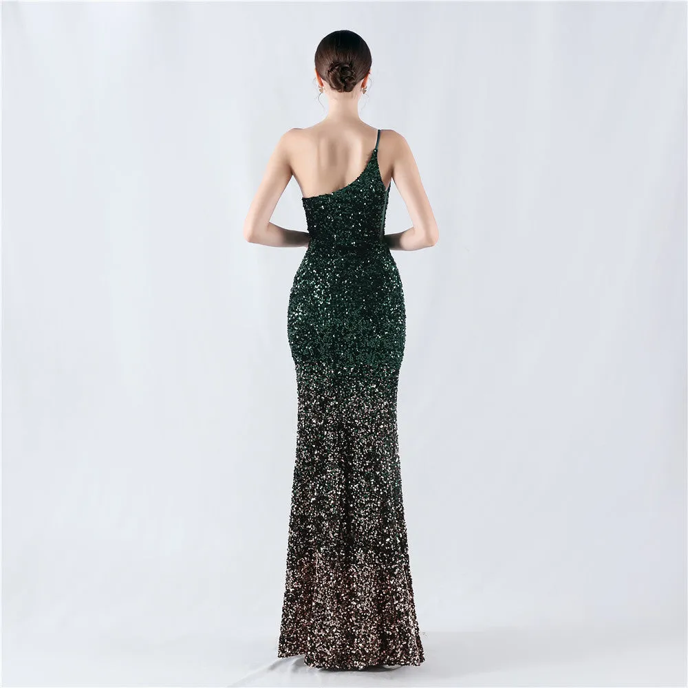 Elegant Velvet Bottom Gradient Sequin One Shoulder Evening Dress