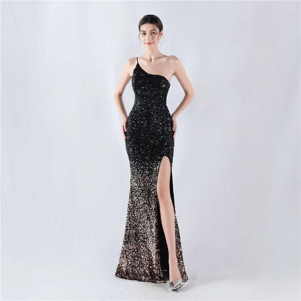 Elegant Velvet Bottom Gradient Sequin One Shoulder Evening Dress