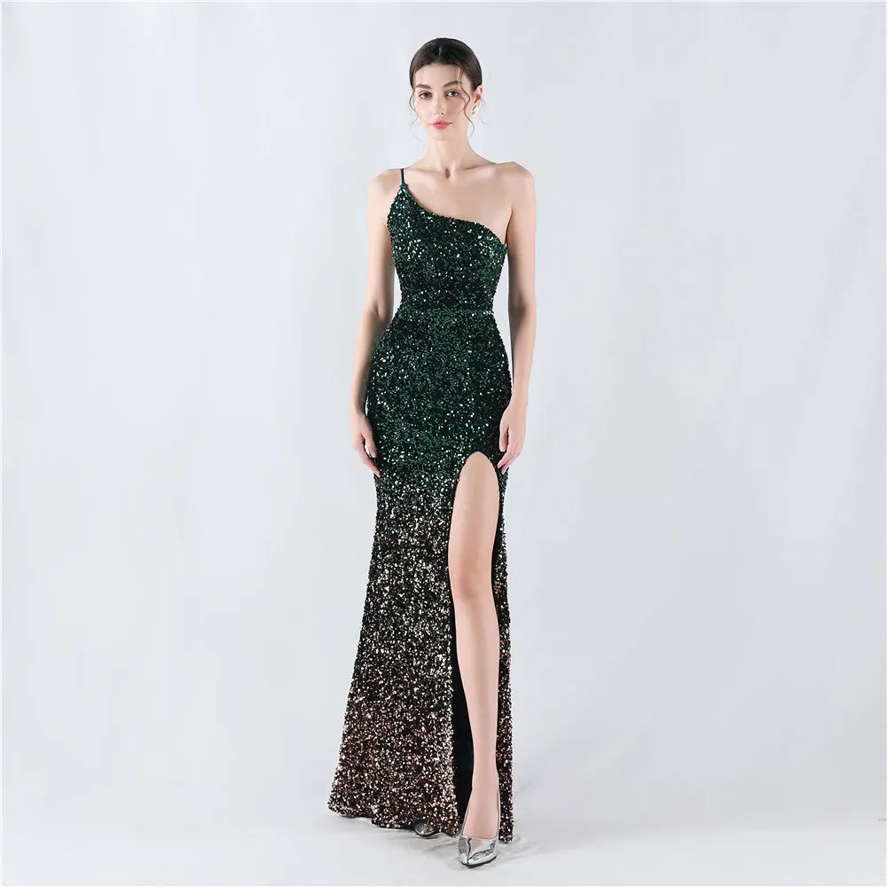 Elegant Velvet Bottom Gradient Sequin One Shoulder Evening Dress