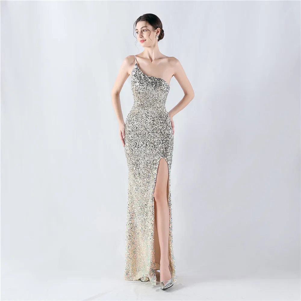 Elegant Velvet Bottom Gradient Sequin One Shoulder Evening Dress