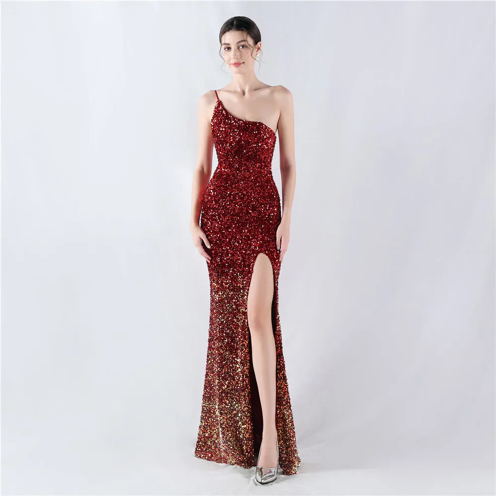 Elegant Velvet Bottom Gradient Sequin One Shoulder Evening Dress