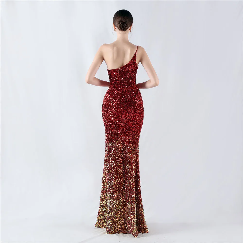 Elegant Velvet Bottom Gradient Sequin One Shoulder Evening Dress
