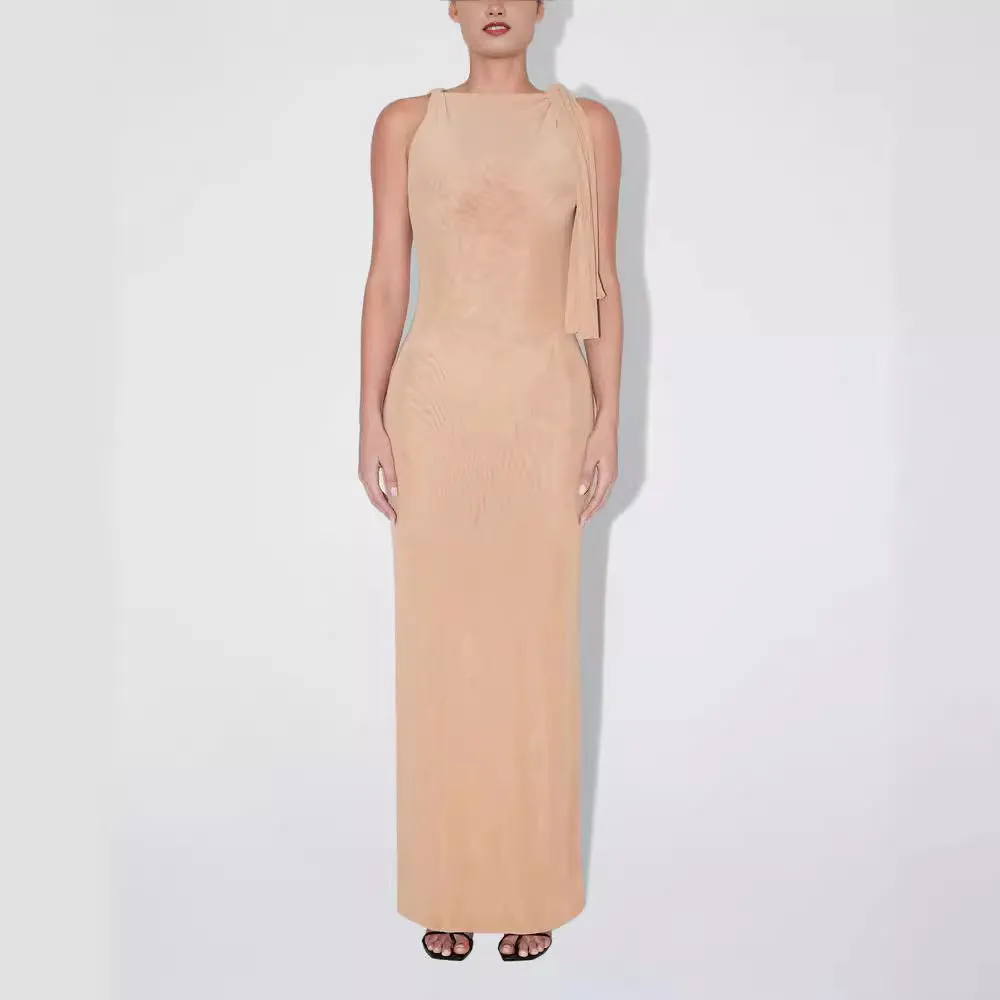 Flat Shoulder Asymmetric Ribbon Dress Slim-fit Sexy Sheath Dress