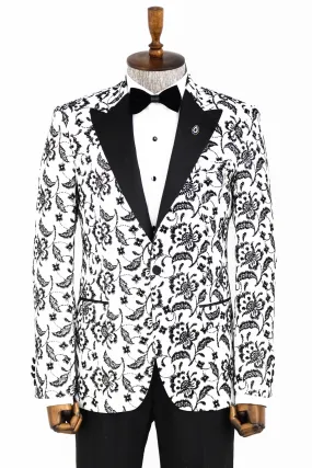 Floral Patterned Peak Lapel White Men Prom Blazer and Trousers Combination- Wessi