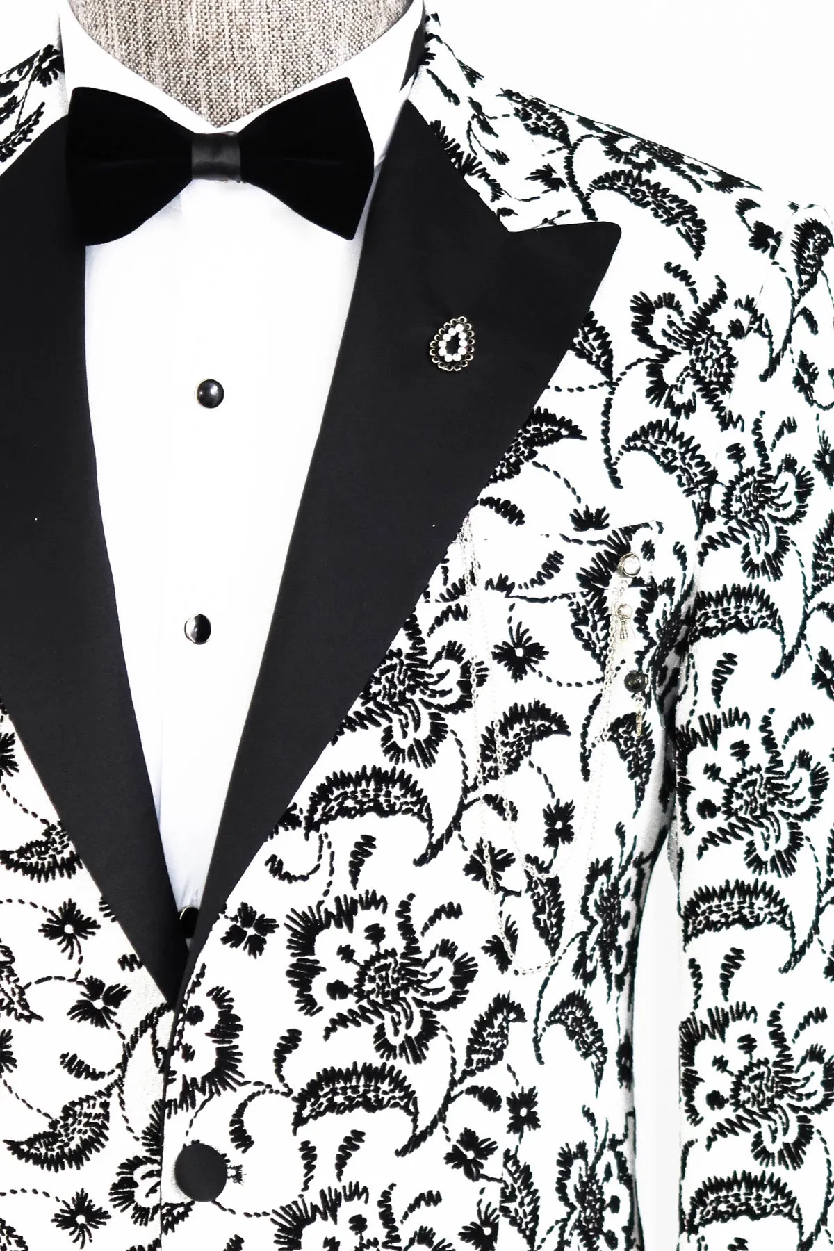 Floral Patterned Peak Lapel White Men Prom Blazer and Trousers Combination- Wessi