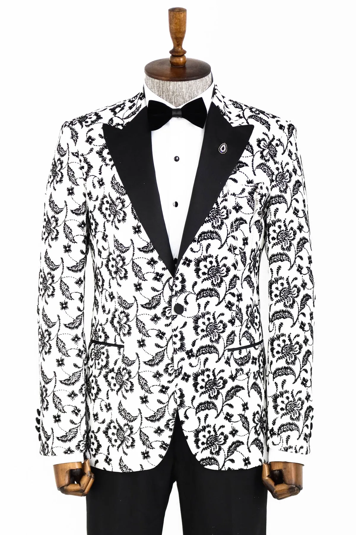Floral Patterned Peak Lapel White Men Prom Blazer and Trousers Combination- Wessi