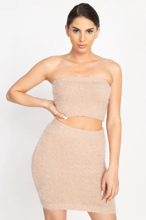 Fuzzy Ribbed Tube Top & Mini Skirt Set