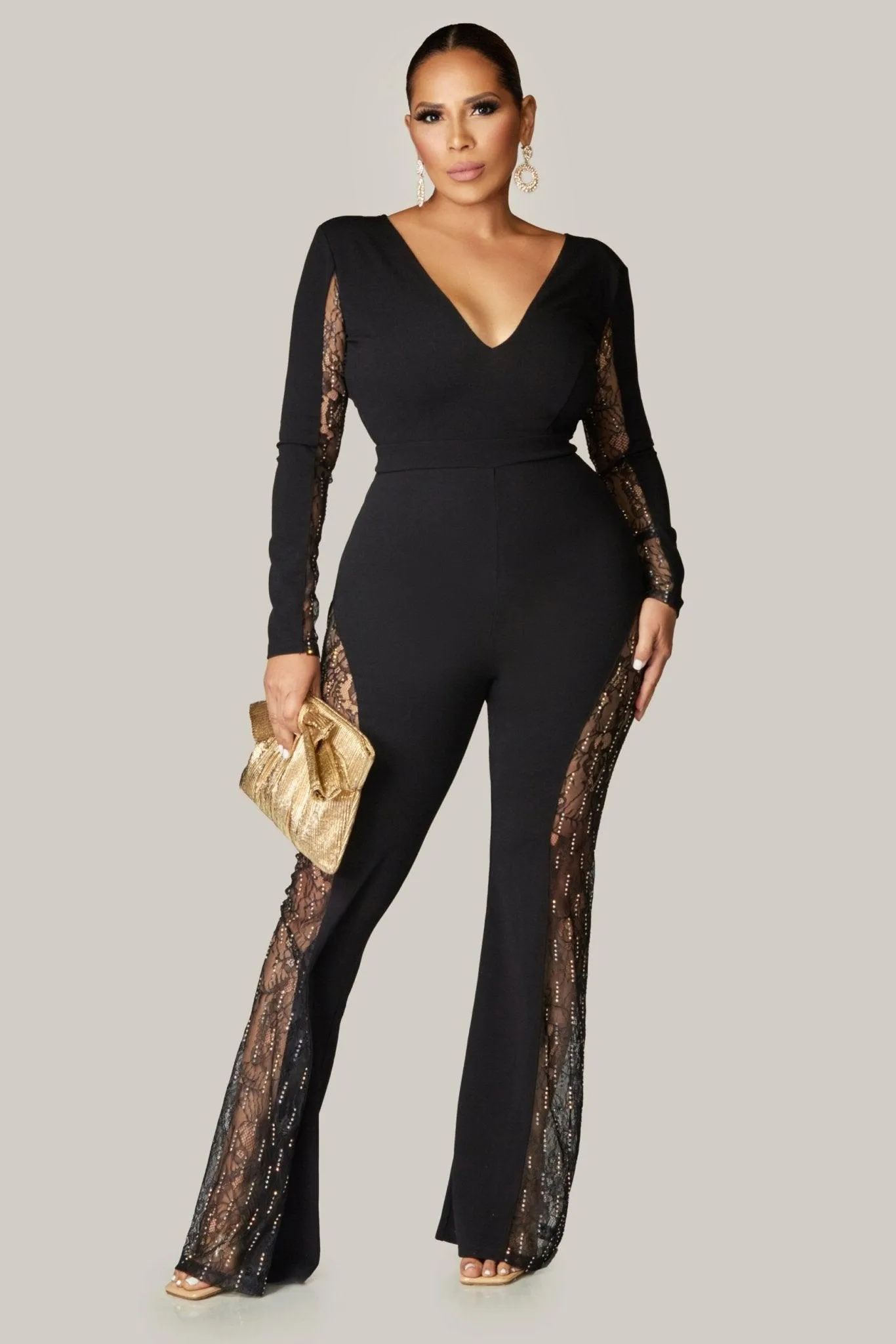 Gemini Hottie Rhinestone with Lace Paneled Jumpsuit