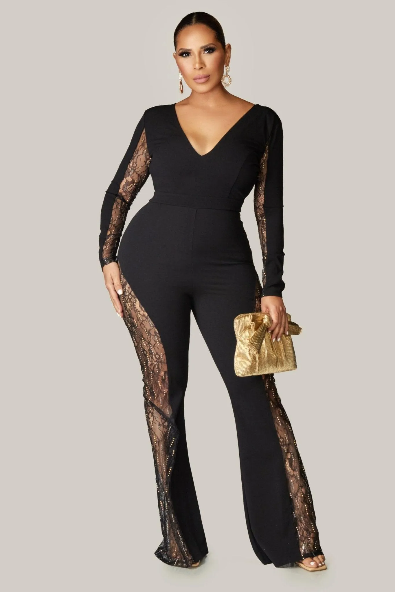 Gemini Hottie Rhinestone with Lace Paneled Jumpsuit
