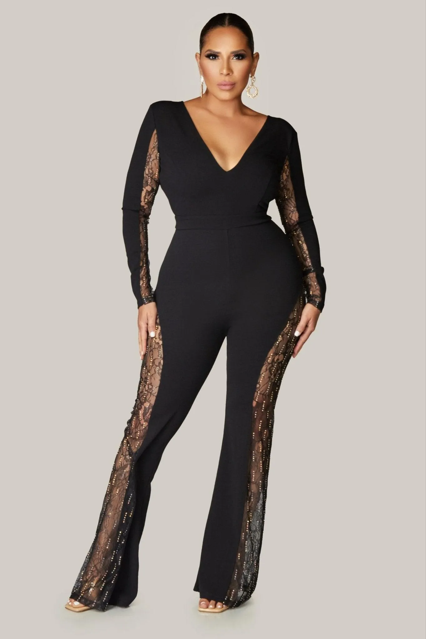Gemini Hottie Rhinestone with Lace Paneled Jumpsuit
