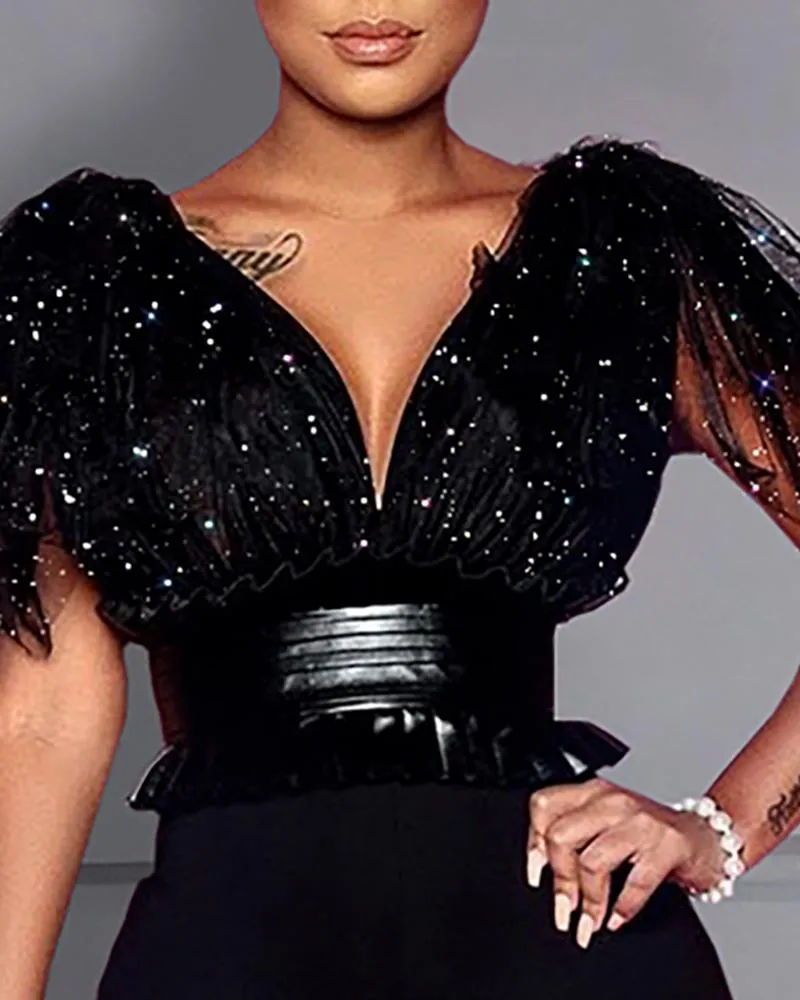 Glitter Mesh Plunge Tight Waist Jumpsuit