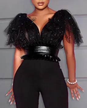 Glitter Mesh Plunge Tight Waist Jumpsuit