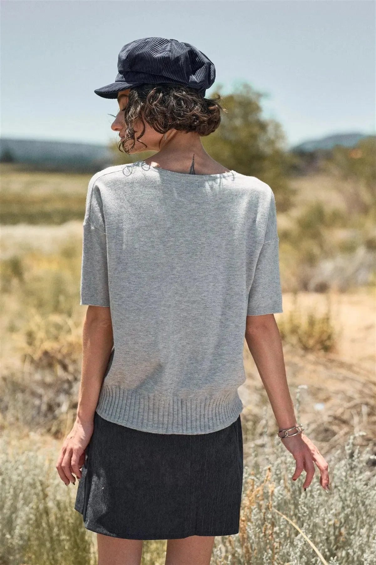 Grey V-Neck Short Sleeve Loose Fit Rib Hem Knit Top /1-2-2-1-1
