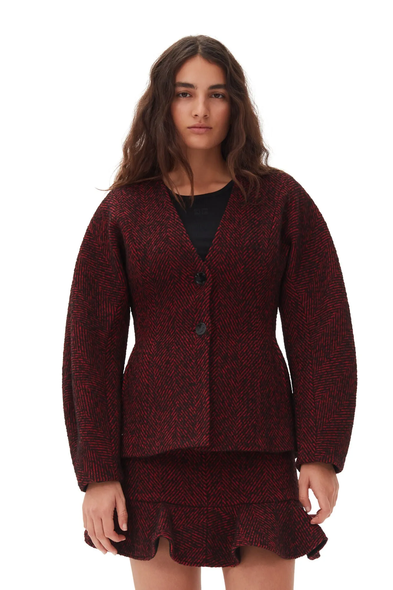 Herringbone Wool Curve Sleeve Blazer - Winery