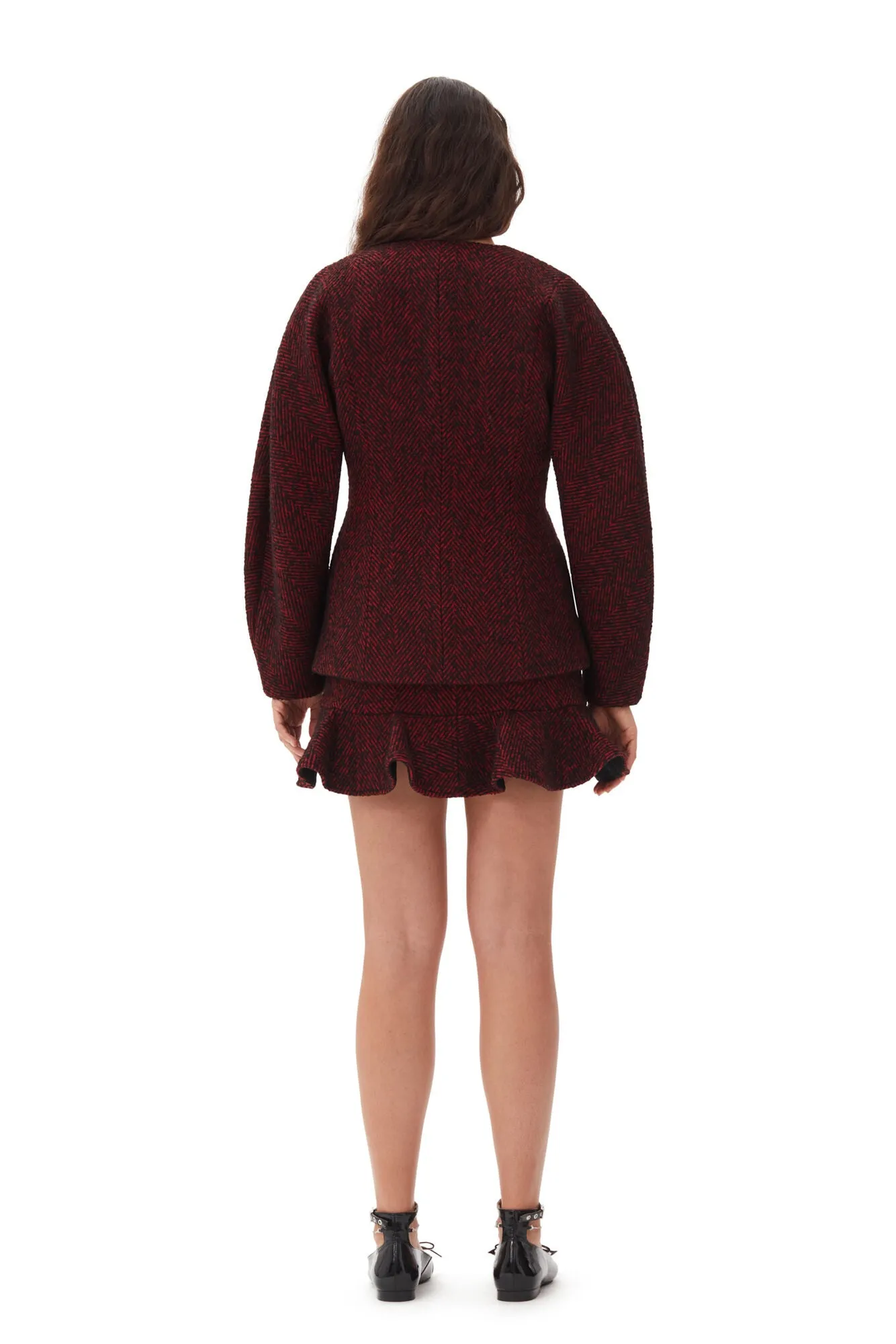 Herringbone Wool Curve Sleeve Blazer - Winery