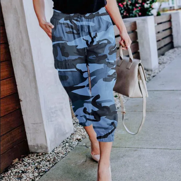 High Waist Camouflage Cropped Elastic Waist Pants