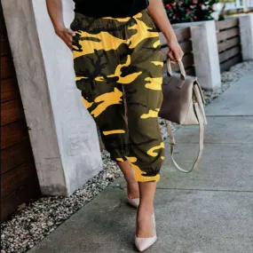 High Waist Camouflage Cropped Elastic Waist Pants