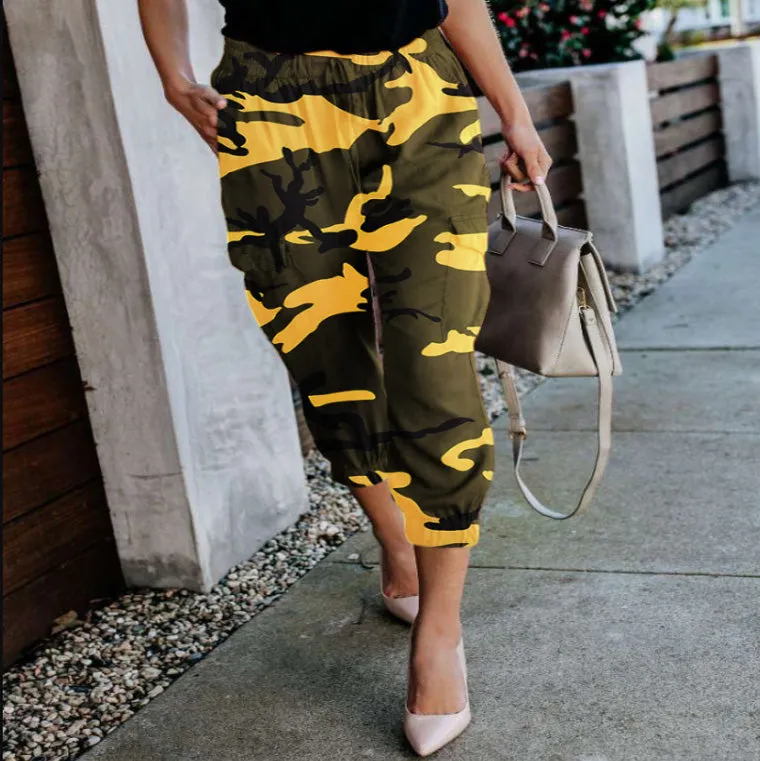 High Waist Camouflage Cropped Elastic Waist Pants