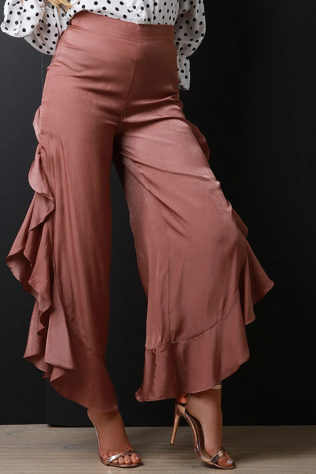 High Waist Flounce Satin Pants