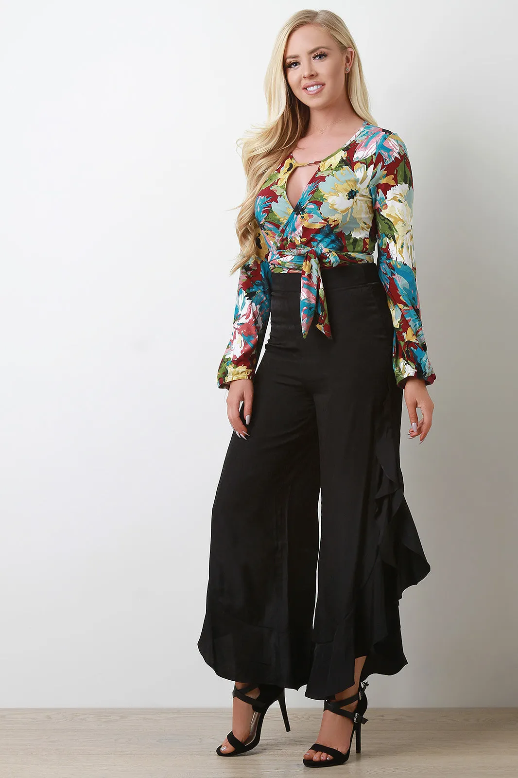 High Waist Flounce Satin Pants