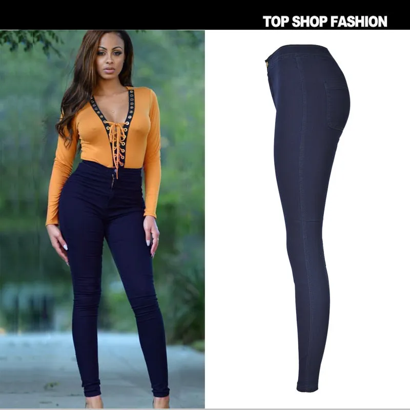 High Waist Solid Color Elastic Long Skinny Pants